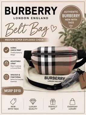 Burberry Medium Super Exploded Check Belt Bag Crossbody Waist Pack MSRP $910